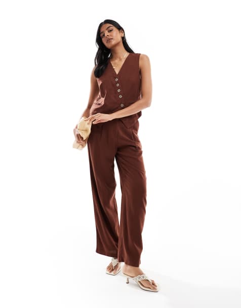 Vero Moda linen touch asymmetric button front waistcoat and pleat front wide leg pants set in chocolate - view 1