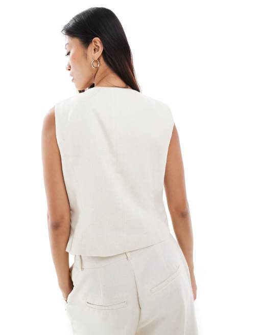 Vero Moda linen touch asymmetric button front waistcoat co-ord in beige, 3 of 4
