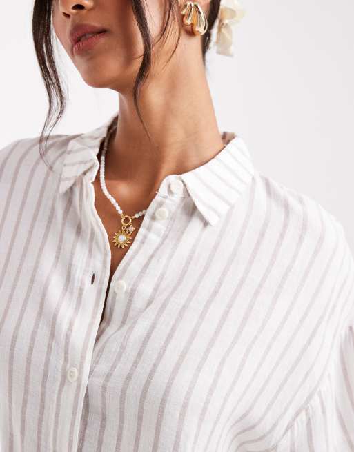 Vero Moda linen touch boxy cropped shirt co-ord in moon rock stripe, 2 of 4