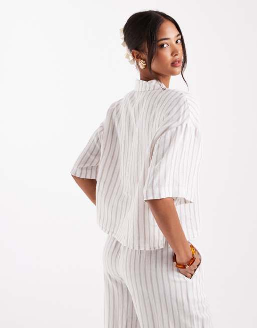 Vero Moda linen touch boxy cropped shirt co-ord in moon rock stripe, 4 of 4