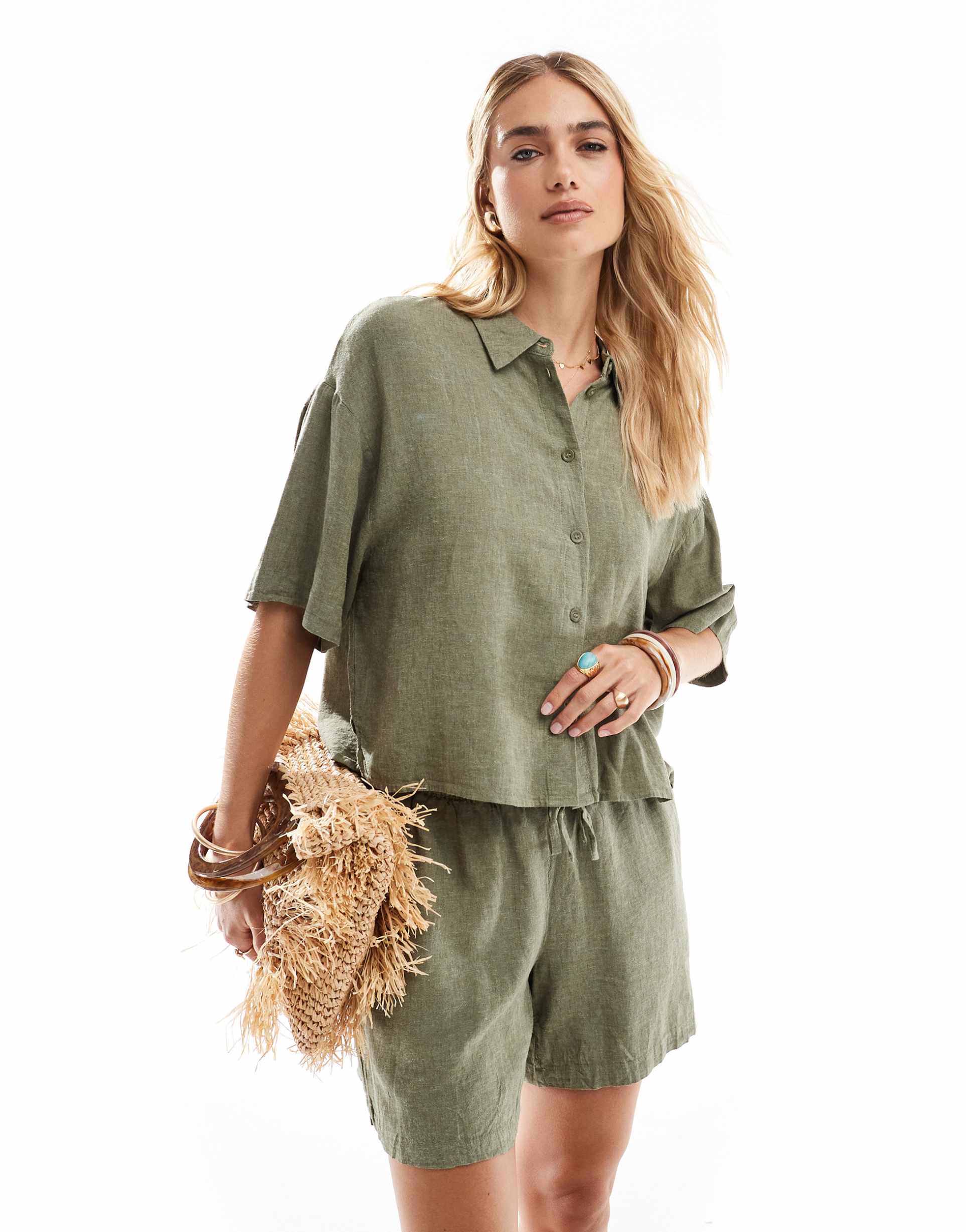 vero moda linen touch boxy cropped shirt in khaki green - part of a set