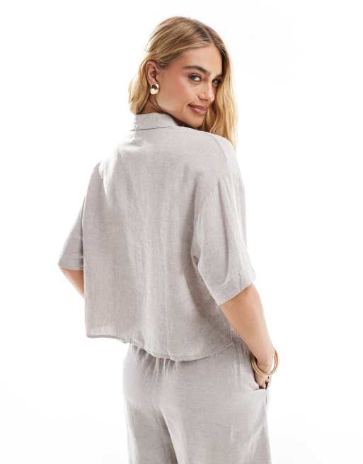 Vero Moda linen touch boxy cropped shirt in moon rock - part of a set, 4 of 4