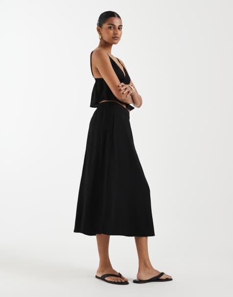 Vero Moda linen touch cami strap top and midi skirt set in black - view 1