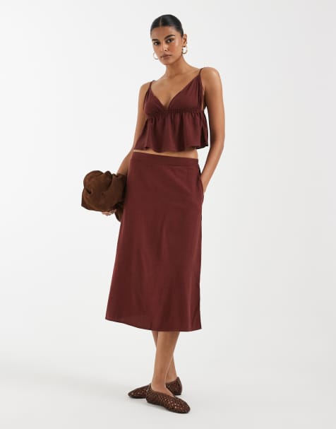 Vero Moda linen touch cami strap top and midi skirt set in burgundy - view 1