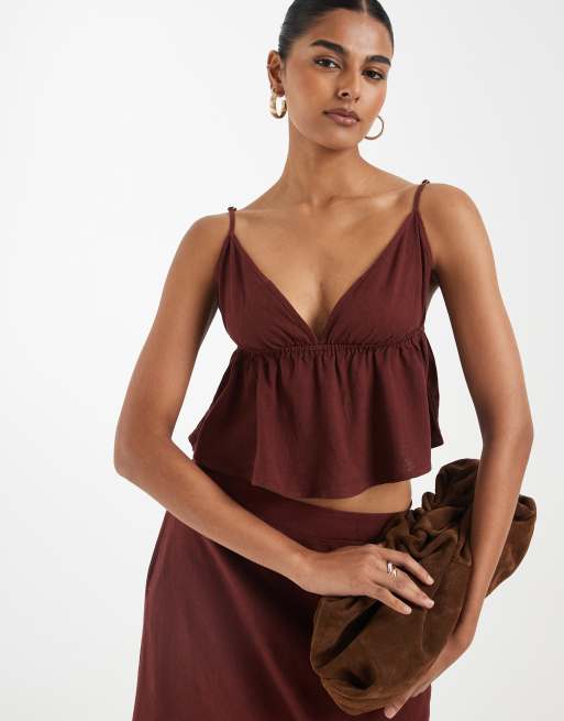 Vero Moda linen touch cami strap top co-ord in burgundy, 3 of 4