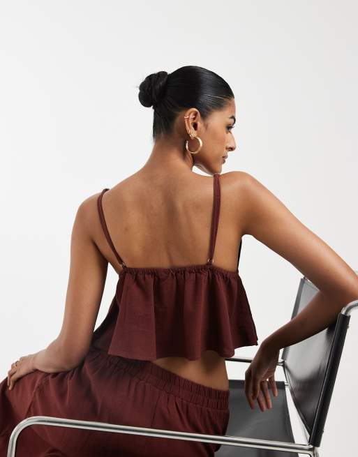 Vero Moda linen touch cami strap top co-ord in burgundy, 4 of 4