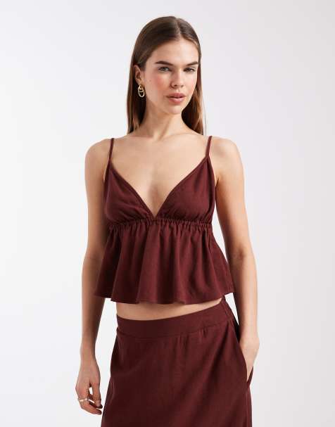 Vero Moda linen touch cami strap top in burgundy (part of a set) - view 1