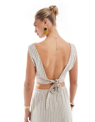 Vero Moda Linen Touch Cropped Tie Back Top In Neutral