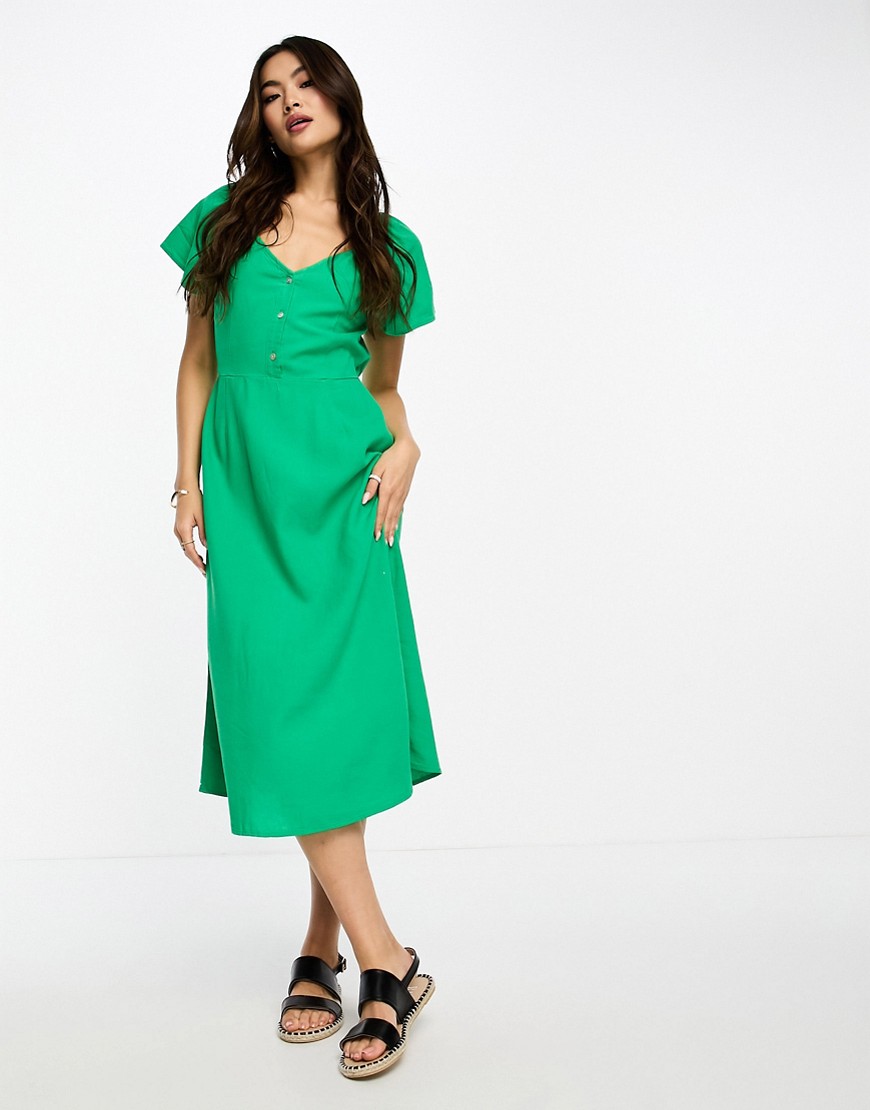 Vero Moda linen touch flutter sleeve midi dress in green