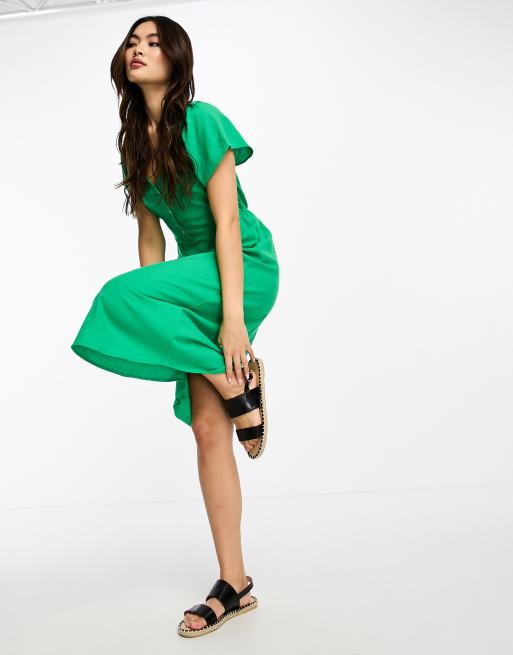 Vero Moda linen touch flutter sleeve midi dress in green