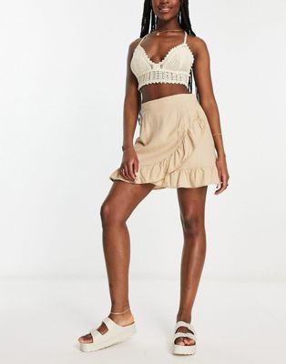 Vero Moda linen touch frill wrap mini skirt in beige-White