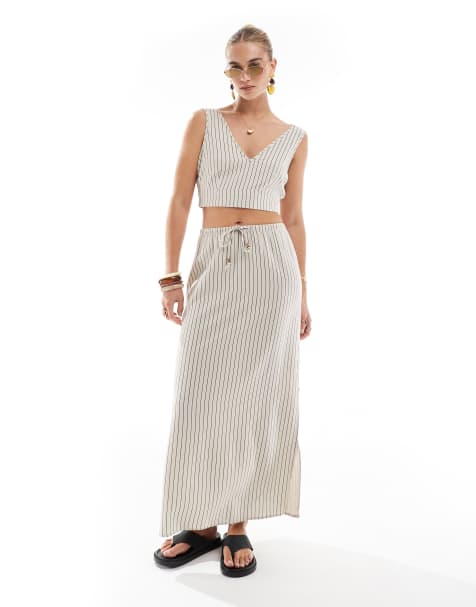 Vero Moda linen touch maxi skirt co-ord in stone stripe