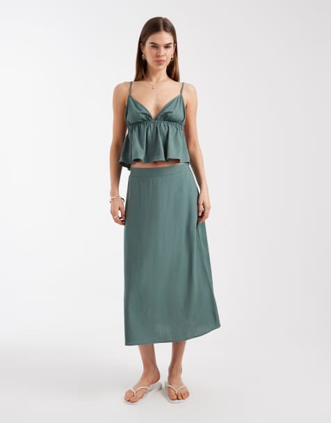 Vero Moda linen touch midi skirt co-ord in green - view 1