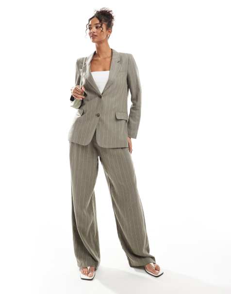 Vero Moda linen touch oversized blazer and pleat front pants set in khaki stripe - view 1