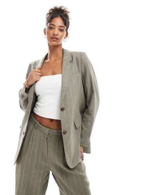 Vero Moda linen touch oversized blazer co-ord in khaki stripe-Green