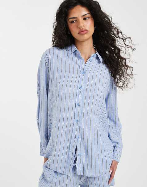 Vero Moda linen touch oversized shirt co-ord in cornflower blue stripe - view 1