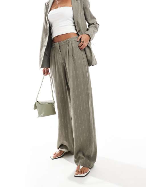 Vero Moda linen touch pleat front pants in khaki stripe (part of a set)