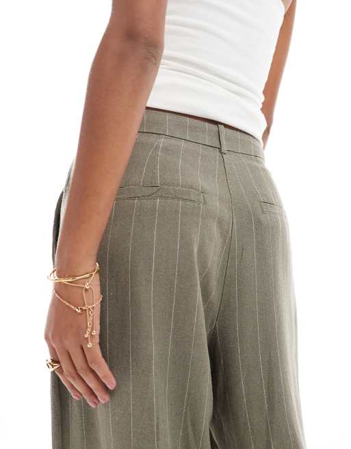 Vero Moda linen touch pleat front pants in khaki stripe - part of a set, 4 of 5