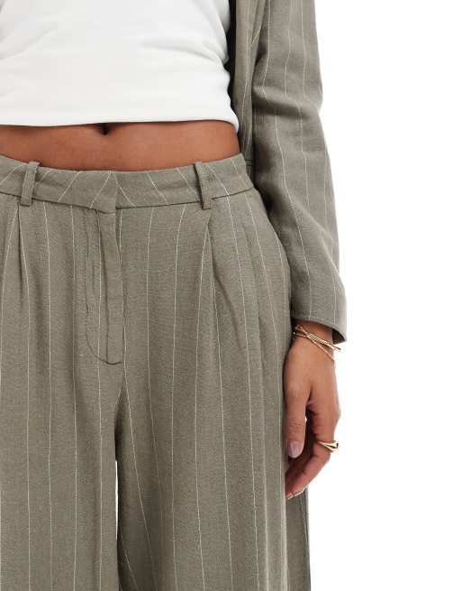 Vero Moda linen touch pleat front pants in khaki stripe (part of a set)