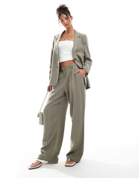 Vero Moda linen touch pleat front trouser co-ord in khaki stripe - view 1