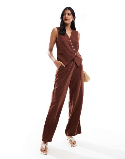 Vero Moda linen touch pleat front wide leg pants in chocolate - part of a set - view 1