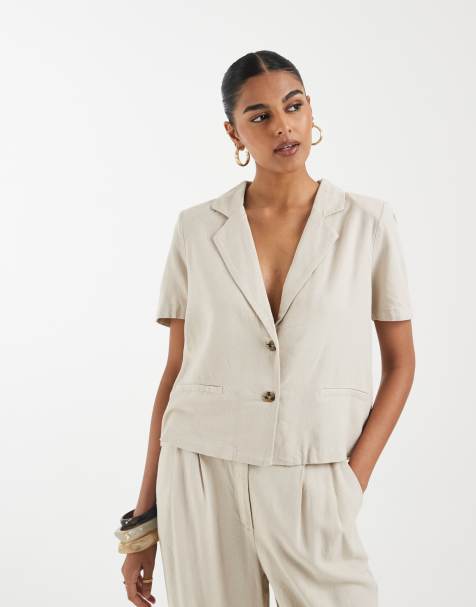 Vero Moda linen touch short sleeve blazer in stone (part of a set) - view 1