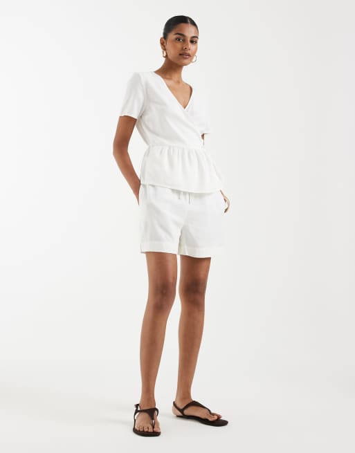 Vero Moda linen touch short sleeve wrap top co-ord in white, 2 of 4