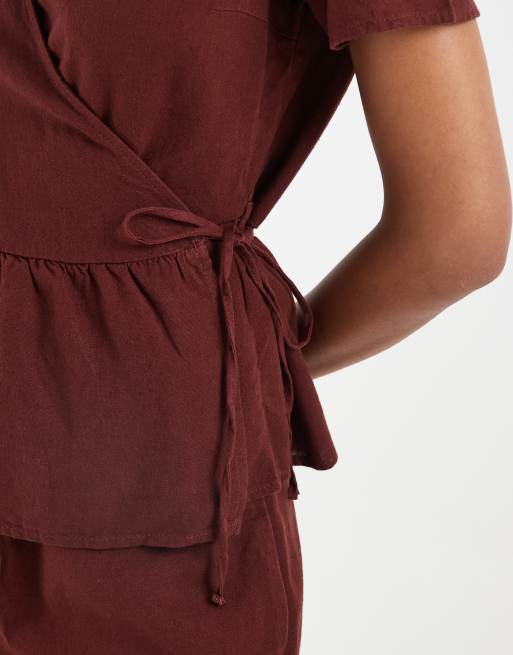 Vero Moda linen touch short sleeve wrap top in burgundy (part of a set), 3 of 4