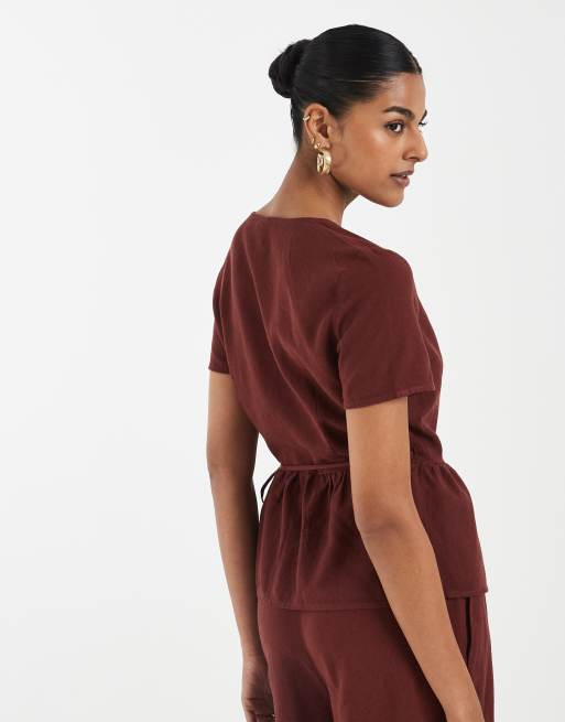 Vero Moda linen touch short sleeve wrap top in burgundy (part of a set), 4 of 4