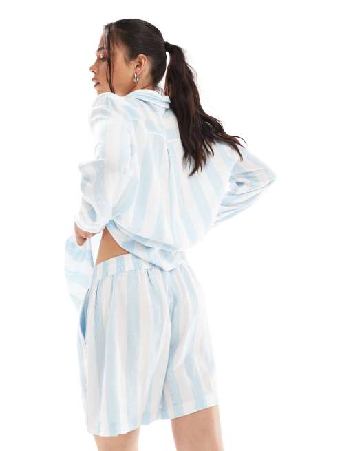Vero Moda linen touch shorts in pale blue stripe - part of a set, 3 of 5