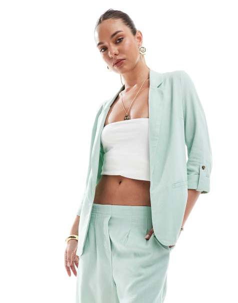 Vero Moda linen touch tailored blazer co-ord in sage green - view 1
