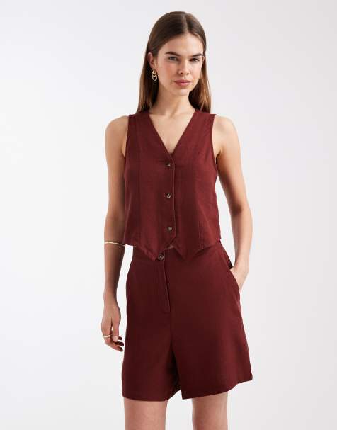 Vero Moda linen touch tailored shorts co-ord in burgundy - view 1