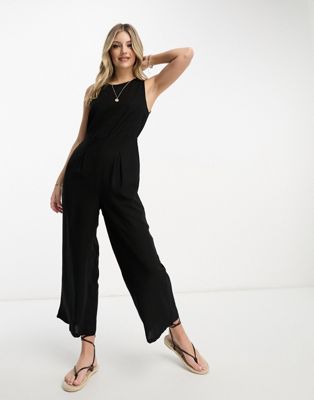 Vero Moda linen touch tie back jumpsuit with pleat front wide leg in black
