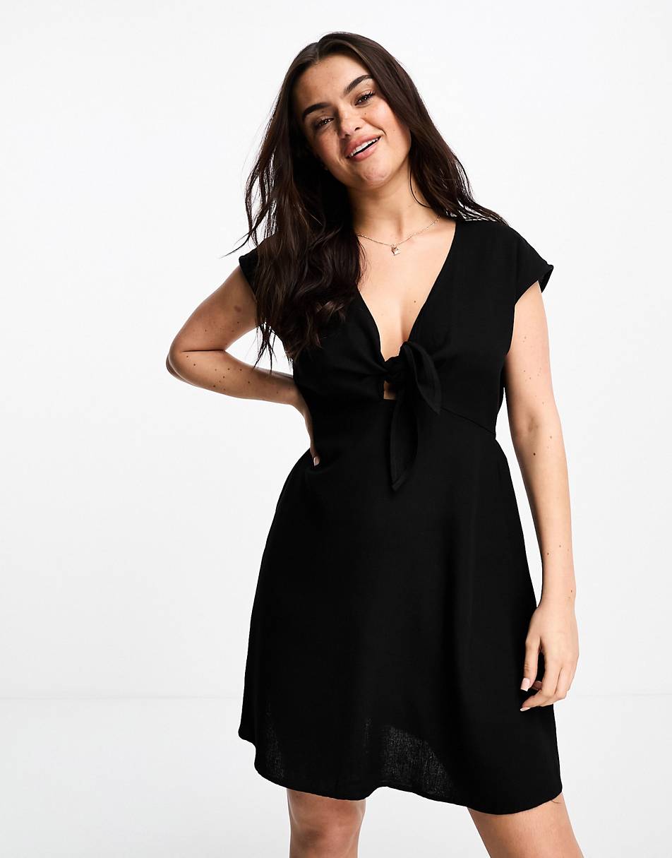 Vero Moda linen touch tie front mini dress in black | research.engr.tu ...