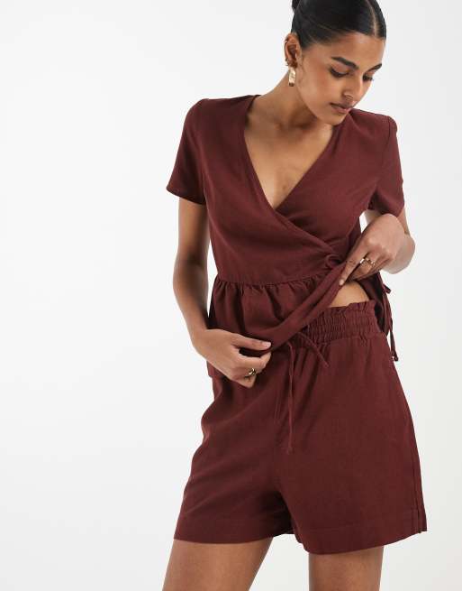 Vero Moda linen touch short sleeve wrap top and paperbag shorts set in burgundy, 2 of 3
