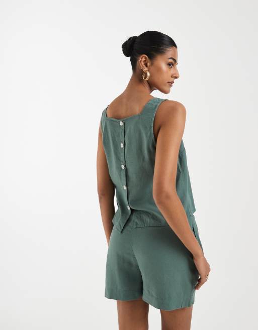 Vero Moda linen touch tie waist papaerbag shorts co-ord in green, 5 of 5
