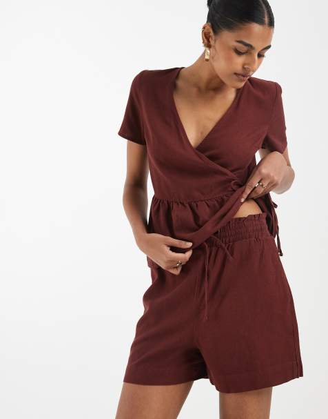 Vero Moda linen touch tie waist paper bag shorts in burgundy (part of a set) - view 1