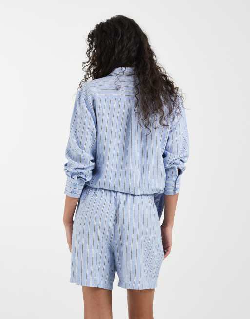 Vero Moda linen touch tie waist shorts co-ord in cornflower blue stripe, 5 of 5
