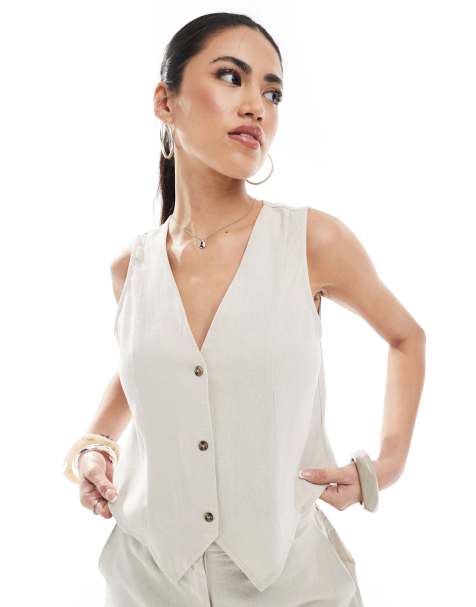 Vero Moda linen touch waistcoat co-ord in stone - view 1