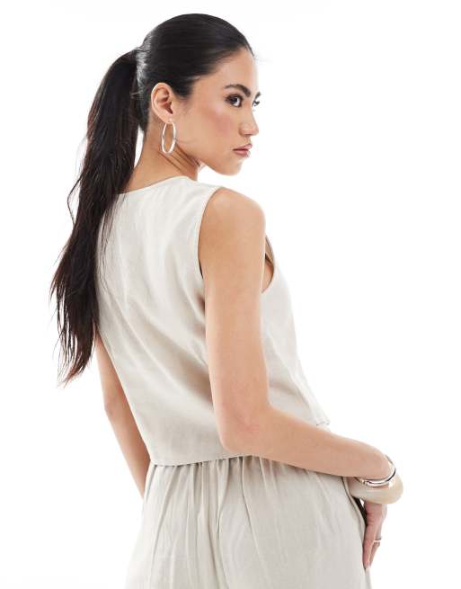 Vero Moda linen touch waistcoat co-ord in stone, 4 of 4