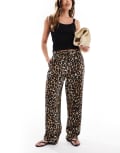 [Vero Moda] Vero Moda linen touch wide leg pants in leopard print-Multi S Tigers Eye