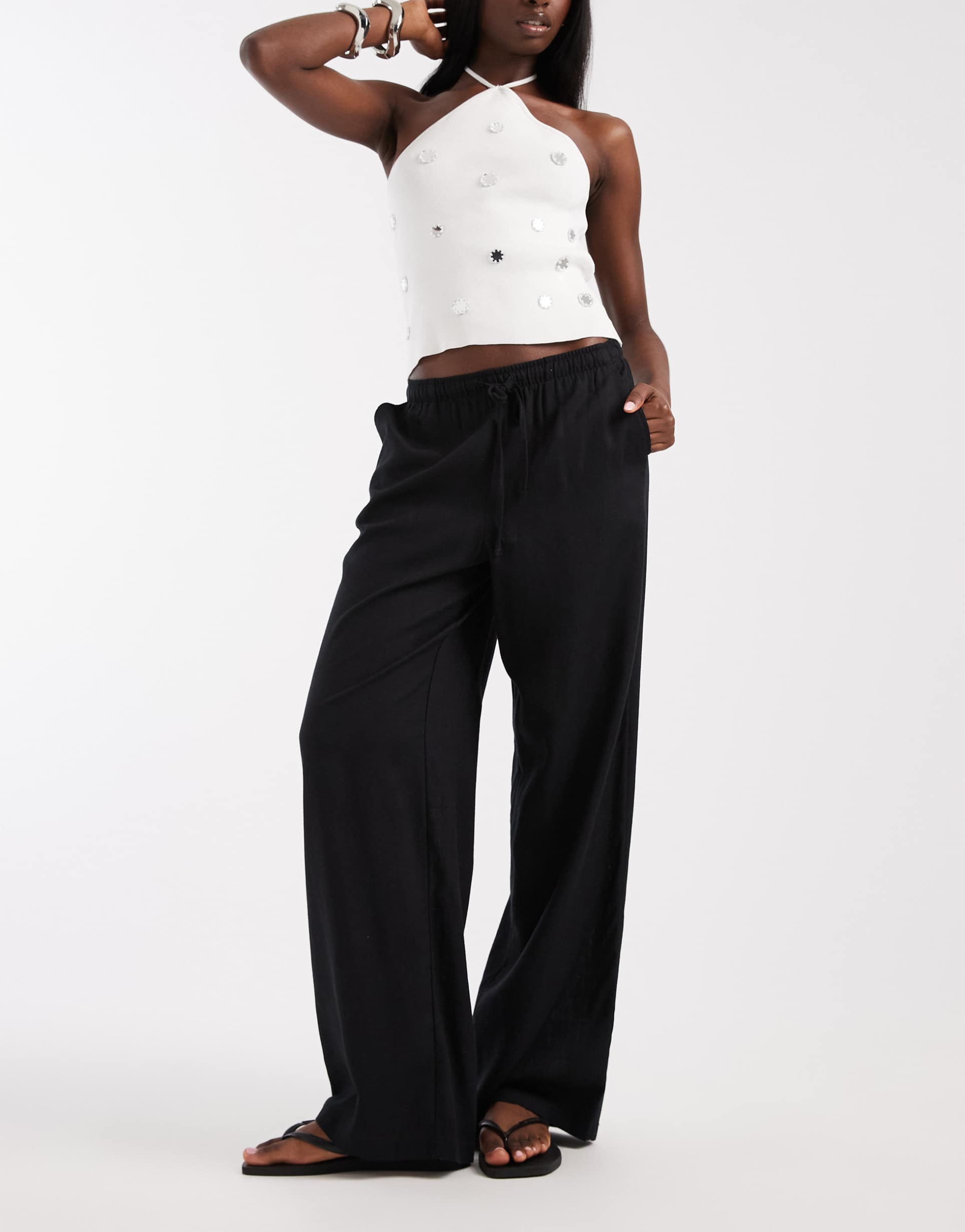 vero moda linen touch wide leg pants with drawstring waist in black
