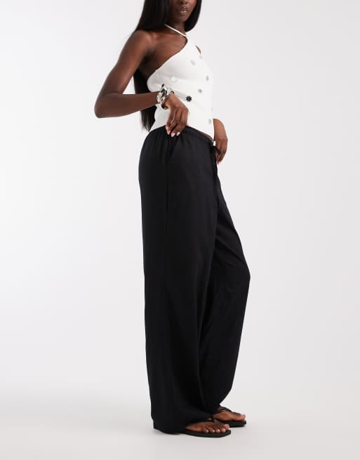 Vero Moda linen touch wide leg pants with drawstring waist in black, 2 of 5