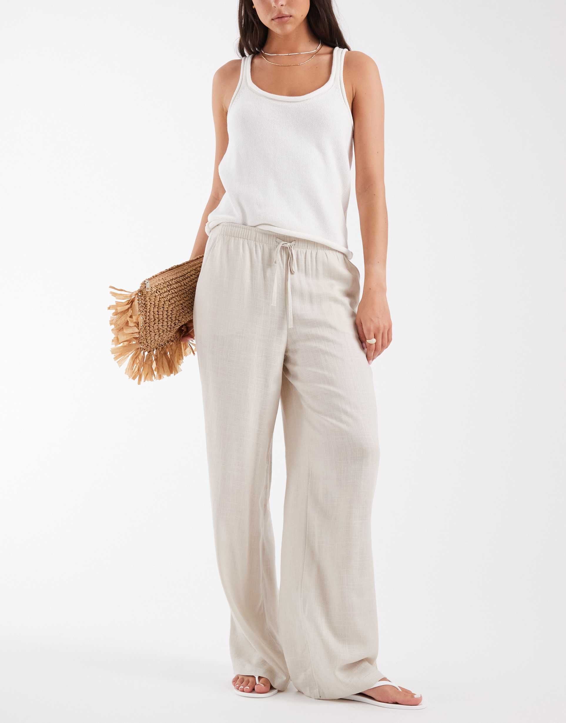vero moda linen touch wide leg pants with drawstring waist in stone