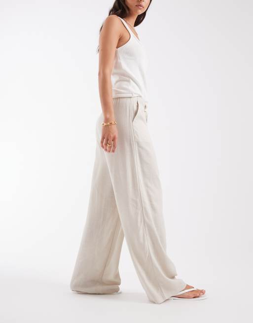 Vero Moda linen touch wide leg trouser with drawstring waist in stone, 5 of 5