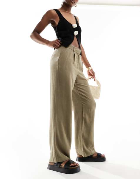 Vero Moda linen wide leg dad trousers in khaki green - view 1
