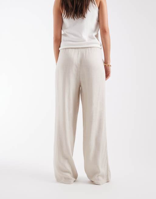 Vero Moda – Ljusbeige byxor i linnestil med vida ben och dragsko i midjan, 3 av 5