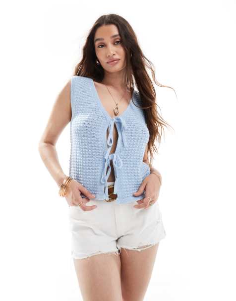 Vero Moda – Ljusblå, virkad topp med knytning framtill - view 1
