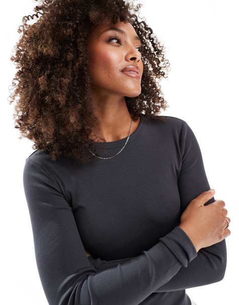 Vero Moda long sleeve baby rib top in dark grey - view 1