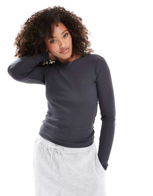 Vero Moda long sleeve baby rib top in dark grey